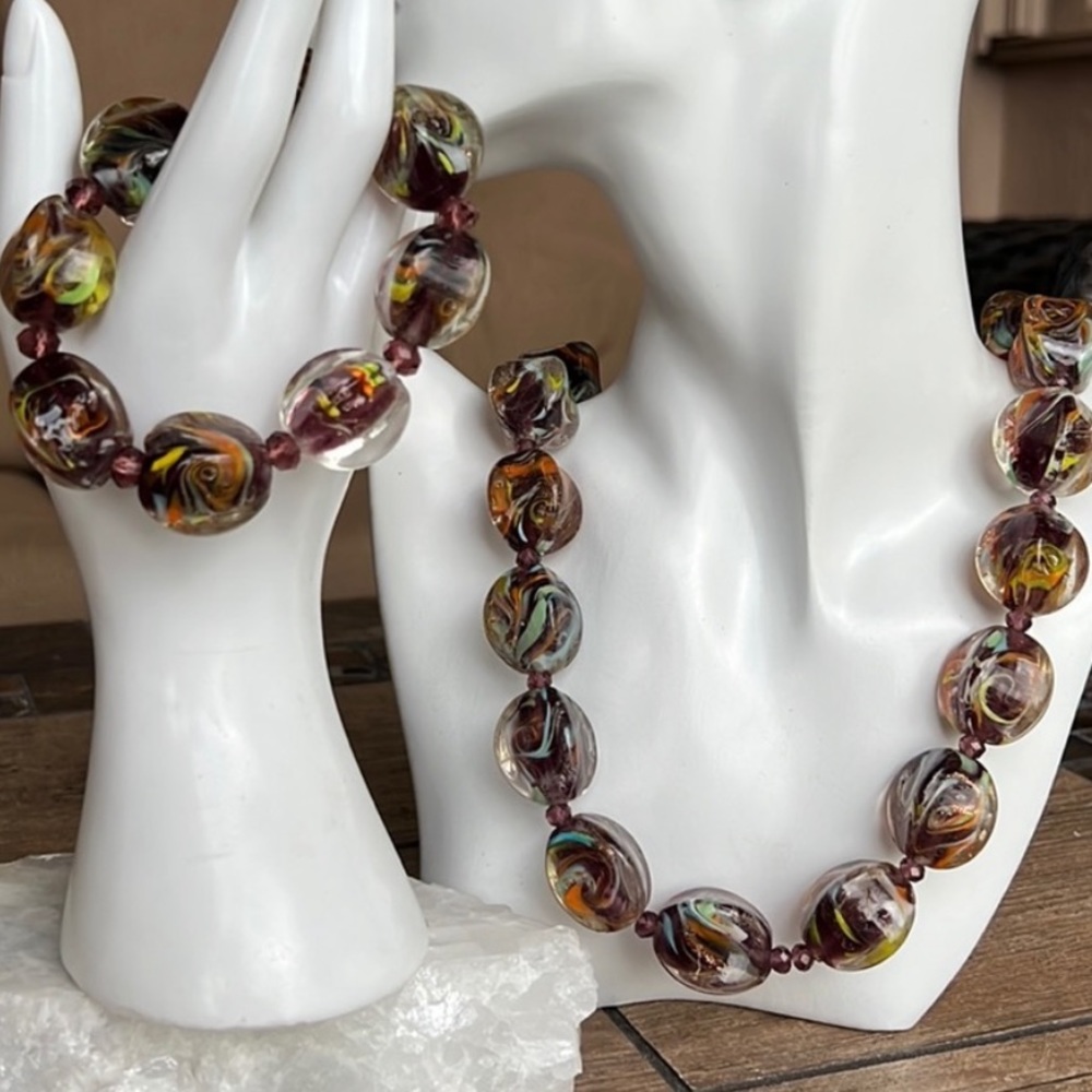 Purple MURANO Millefiori Glass Chunky Necklace and Bracelet Set